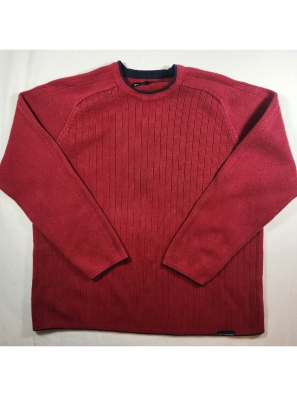 BC Clothing Mens Red Ribbed Knit Crewneck Sweater Navy Trim Medium y2k‎